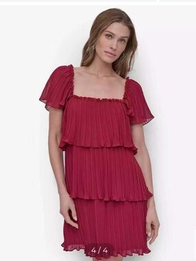 DKNY Berry Red Tiered Pleated Short Dress